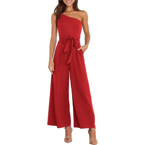 Women's Summer Dressy One Shoulder Sleeveless Tie Waist Backless Jumpsuit